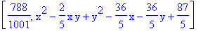 [788/1001, x^2-2/5*x*y+y^2-36/5*x-36/5*y+87/5]